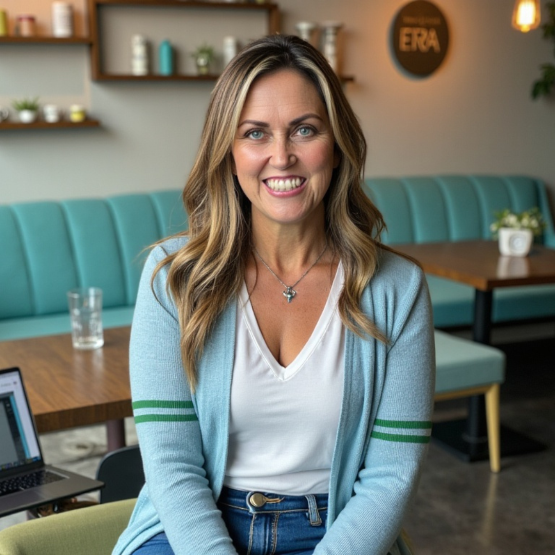 Julie Begbie, founder of The Happy Business Company, laughing in a cobalt blue blazer